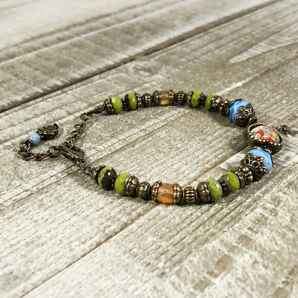 MillefioriHeart Cabochon in Bronze Bracelet with Czech Glass Beads - Picture 5 of 8